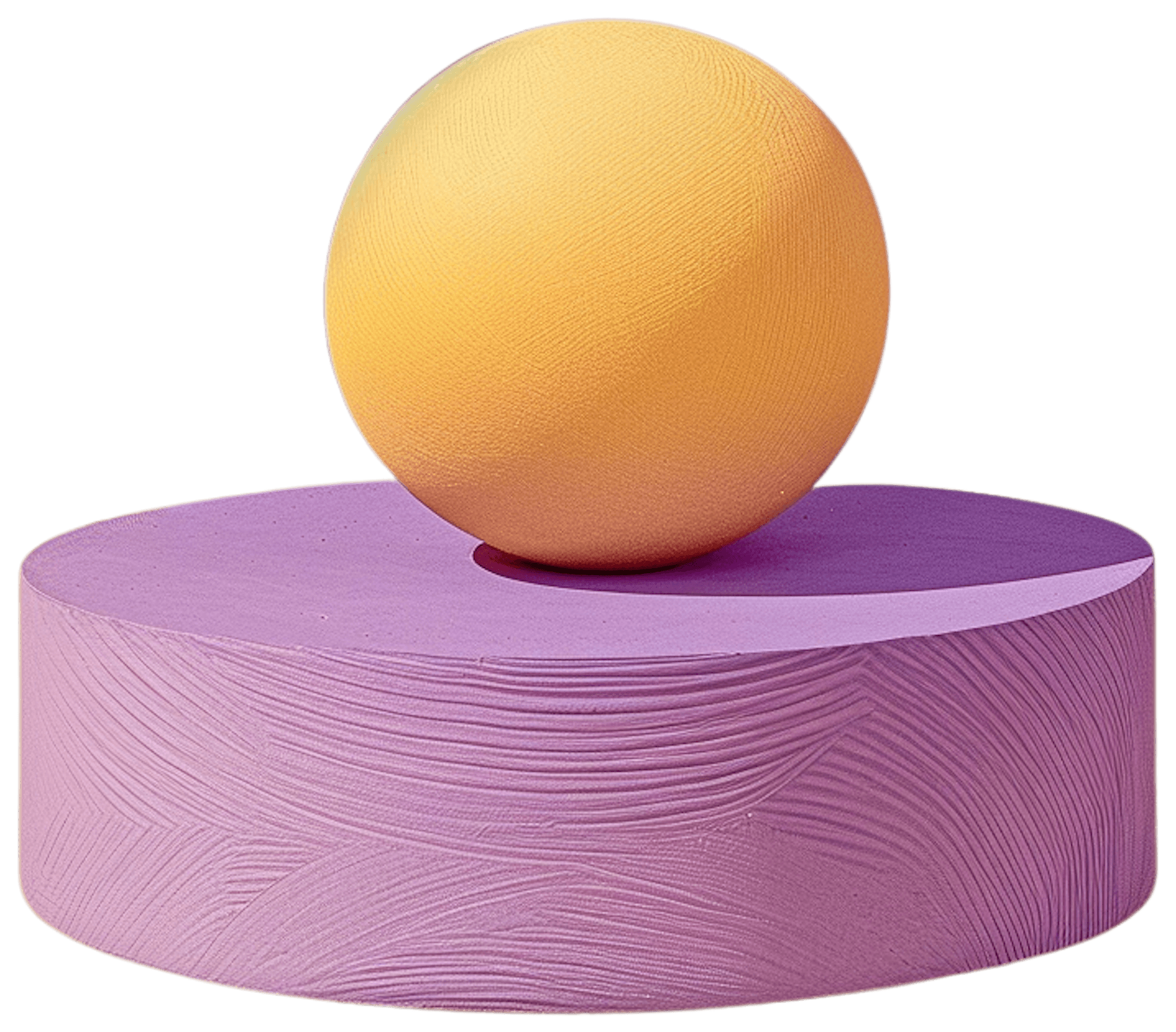 A textured yellow sphere rests on a purple cylindrical pedestal with a matching textured surface.