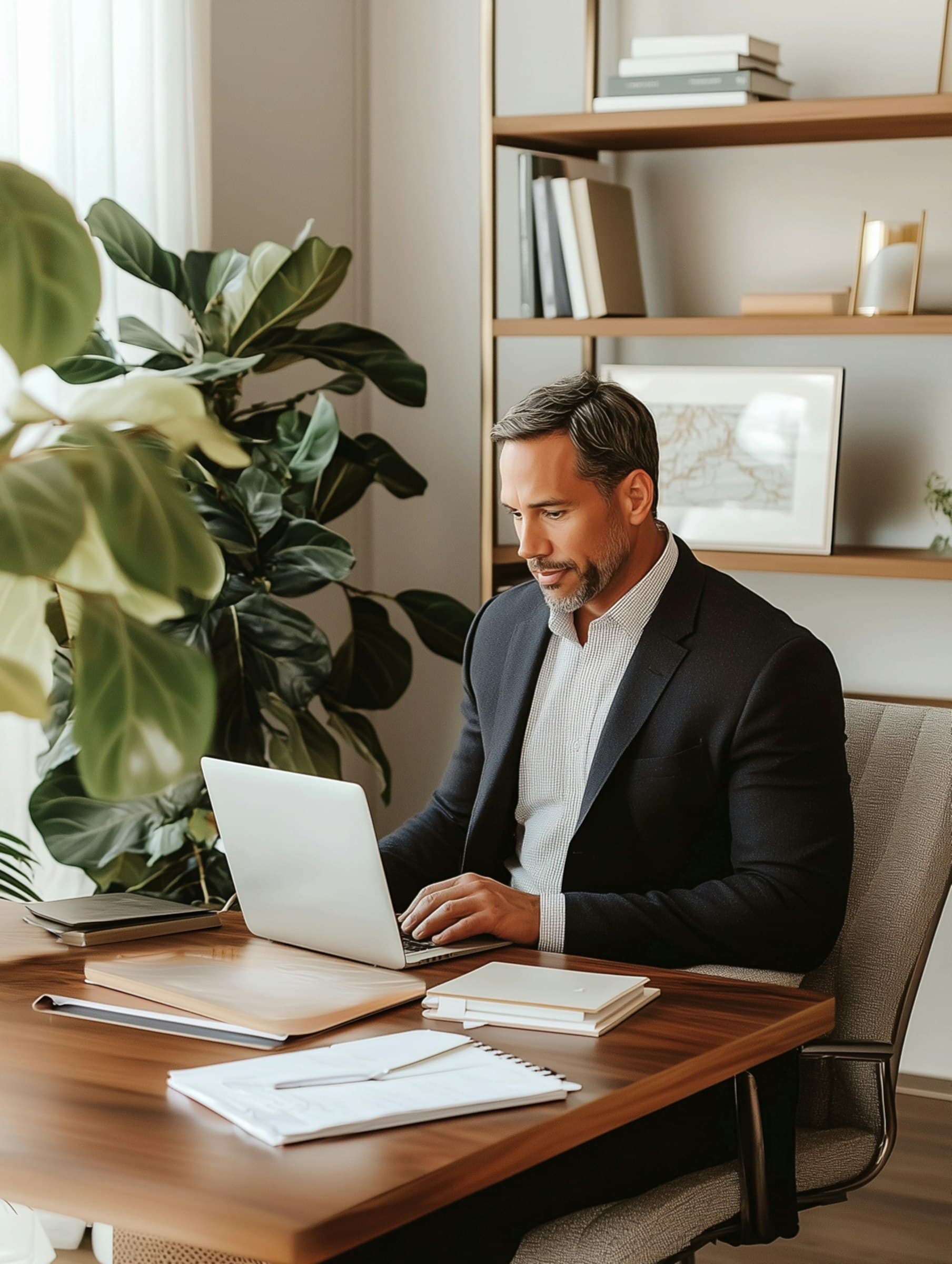 A man in a suit works on a laptop at a wooden desk, surrounded by plants and shelves with books and framed artwork in a modern office.