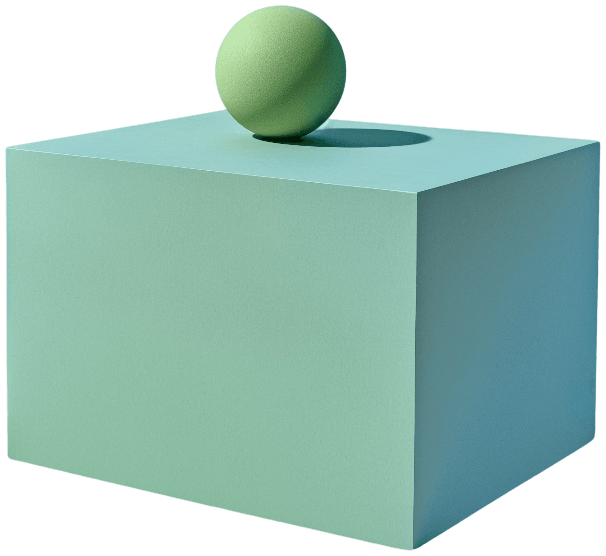 A green sphere sits on a large green cube, casting a shadow. The cube and sphere have a smooth texture and are evenly lit.