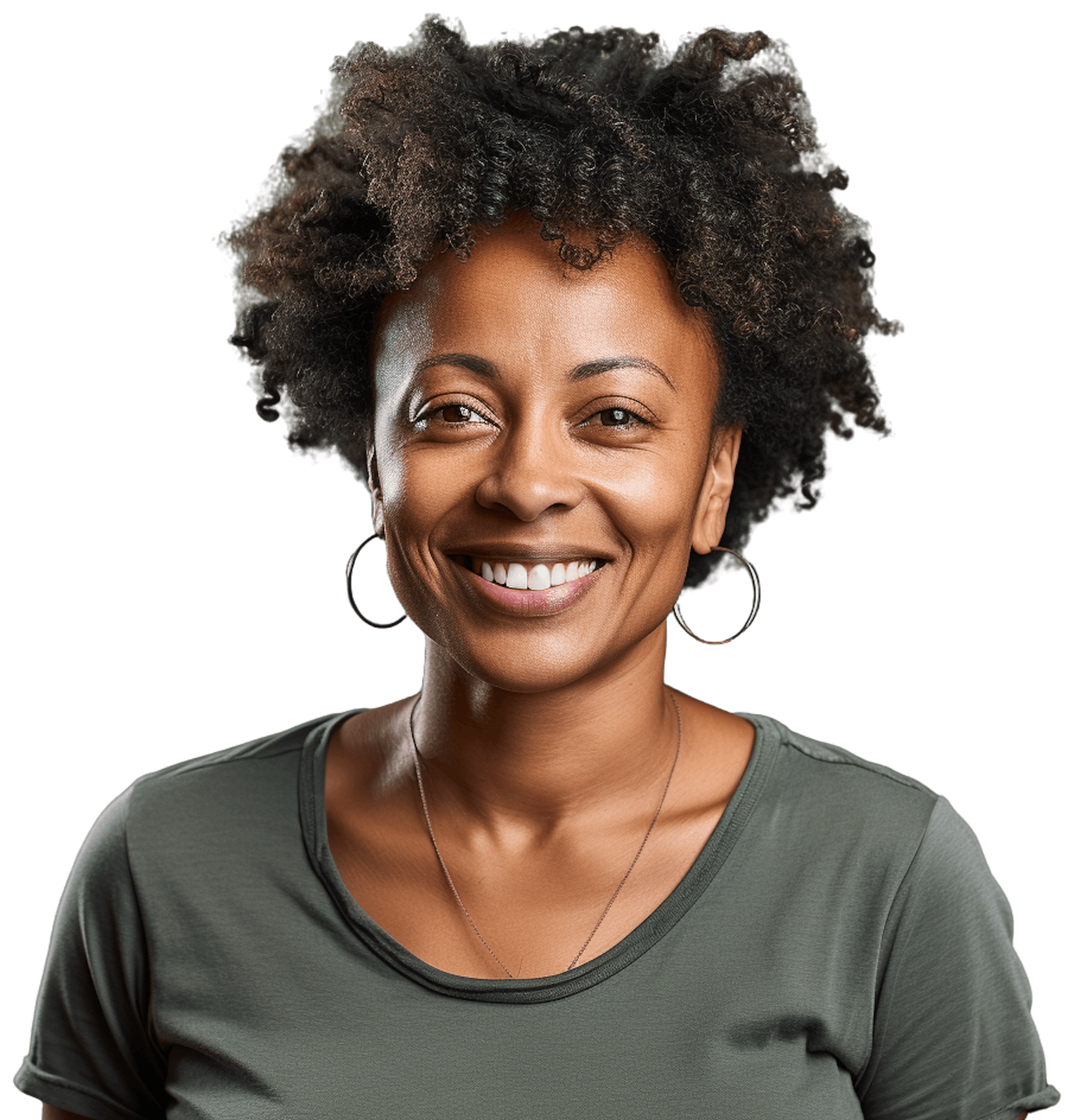 Smiling woman with curly hair, wearing a green t-shirt and hoop earrings, against a white background.