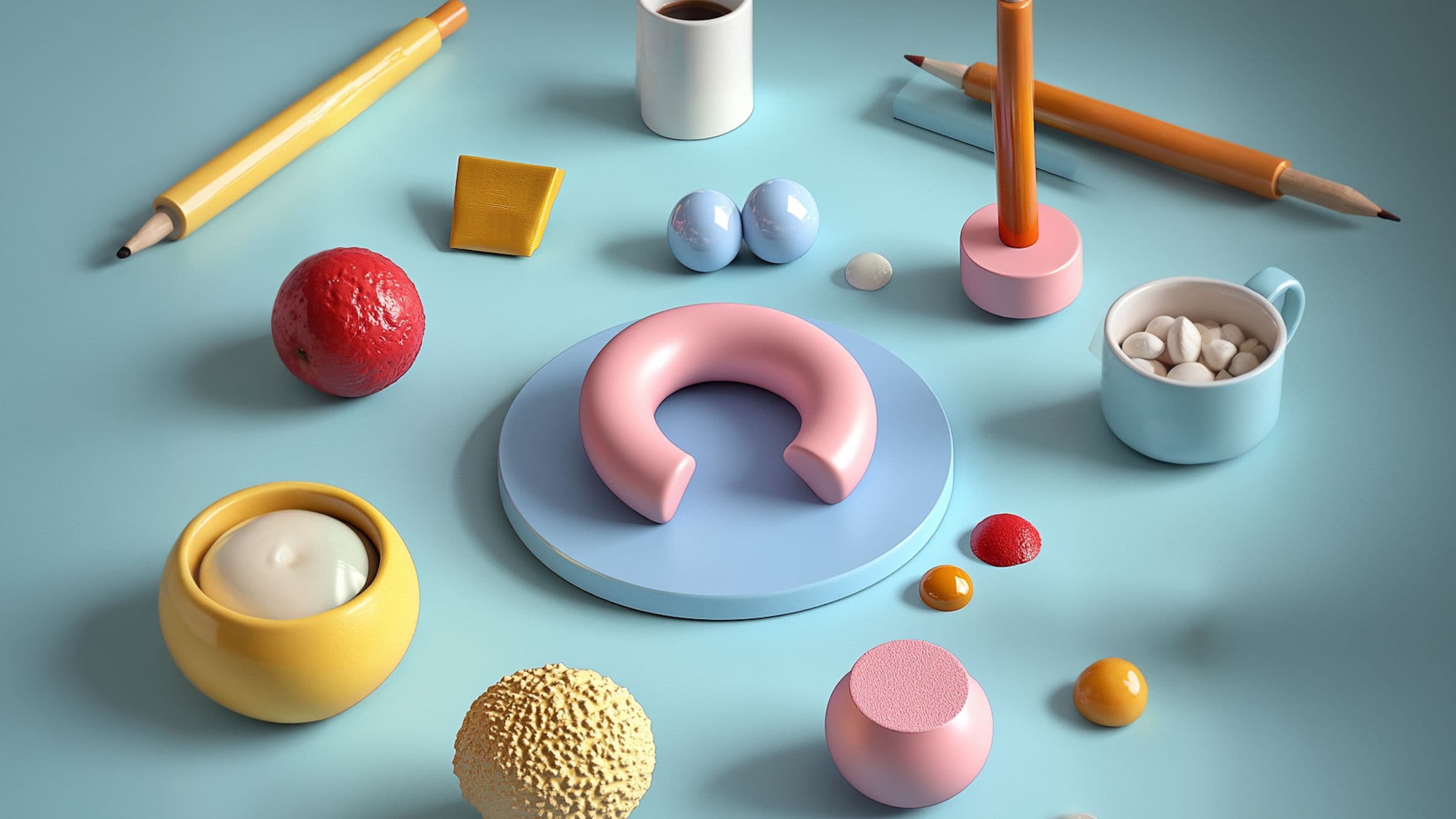 A colorful arrangement of geometric shapes, pencils, and small objects on a blue surface, featuring a central pink arc on a blue disc.