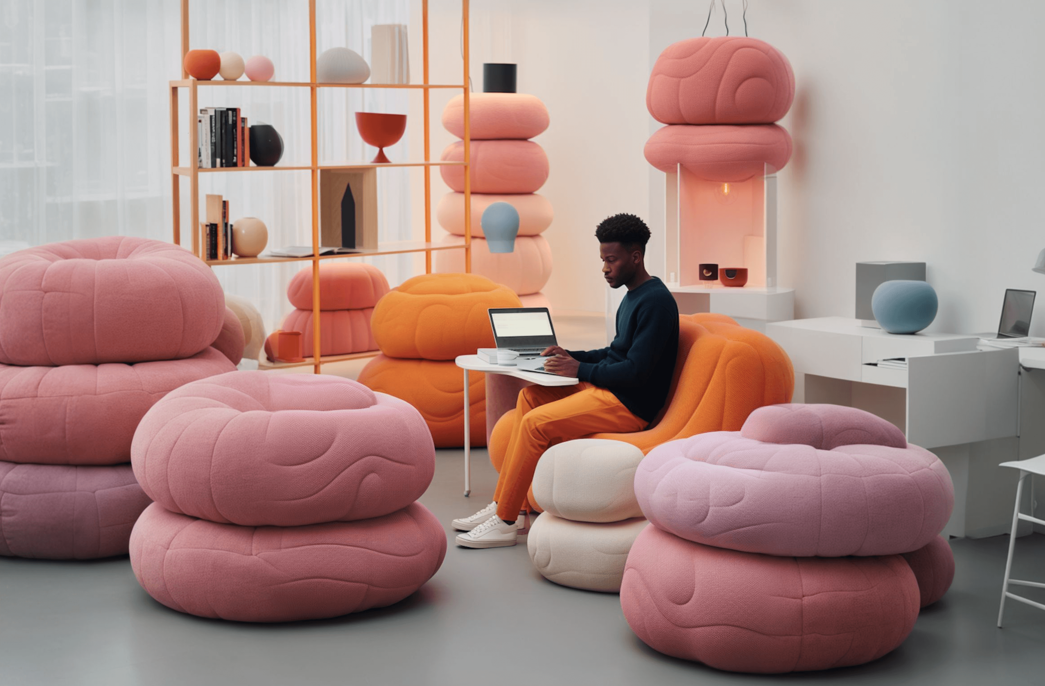 A person works on a laptop in a room with modern, plush pink and orange furniture, surrounded by abstract, cushion-like decor.