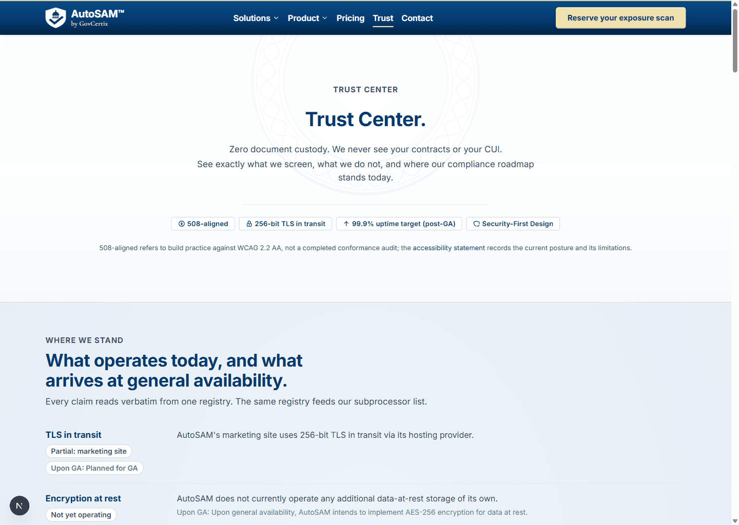Screenshot of the AutoSAM marketing site's Trust page.