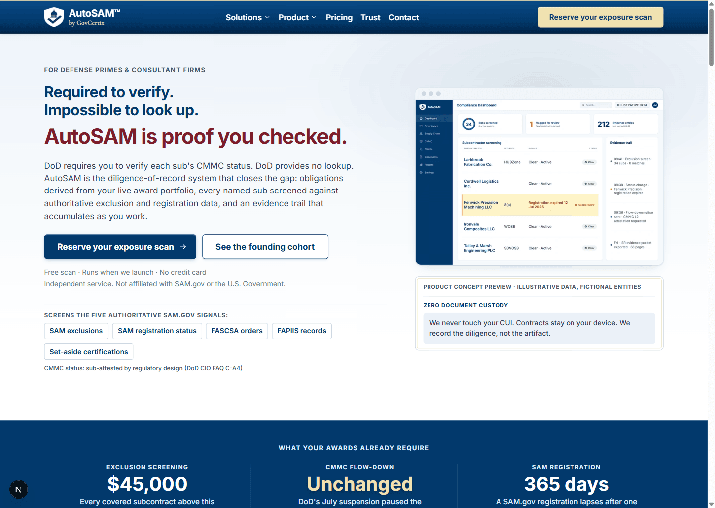 Screenshot of the AutoSAM marketing site homepage.