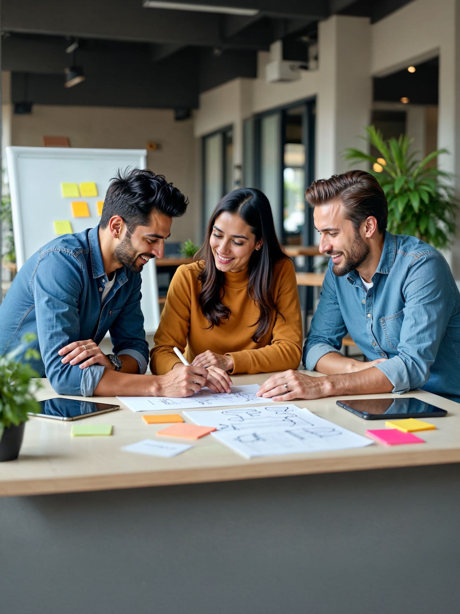 Three people collaborate at a desk with papers and sticky notes, smiling and engaged in discussion in a modern office setting.