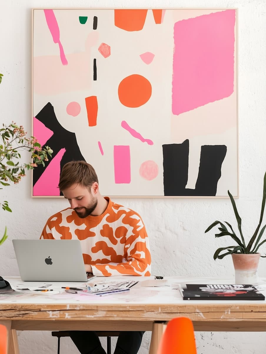 Man in an orange-patterned sweater works on a laptop at a desk, with abstract pink and black art on the wall behind him.